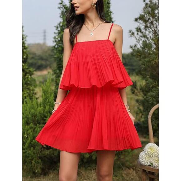 EXLURA Women's Red Spaghetti Strap Pleated romper Size Large - Picture 2 of 8